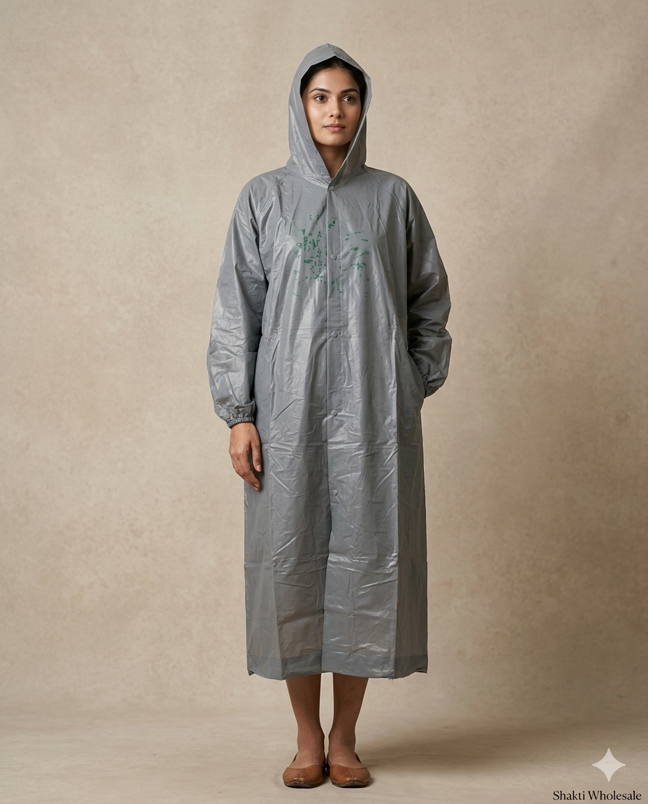 Womens Long Hooded Raincoat - Grey