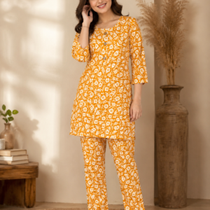 Mustard Floral Print Kurti & Trouser Co-ord Set