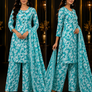 Turquoise Leaf Print Kurta, Palazzo & Dupatta Set