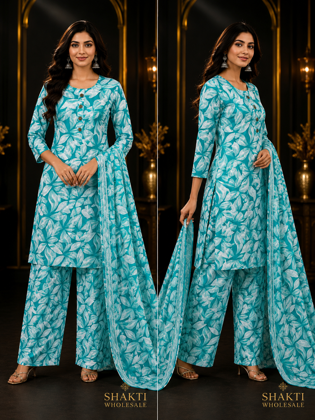 Turquoise Leaf Print Kurta, Palazzo & Dupatta Set