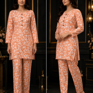 Peach Floral Print Kurti & Pyjama Co-ord Set