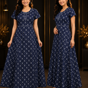 Navy Bandhani Print Long Nighty