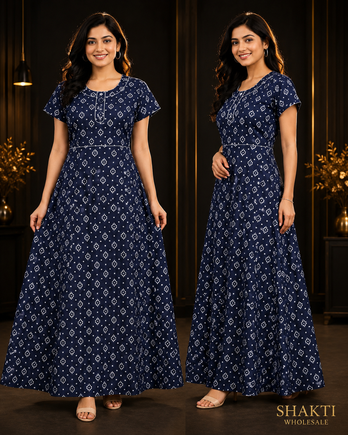 Navy Bandhani Print Long Nighty