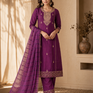 Purple Zari Embroidered Kurta, Pant & Dupatta Set