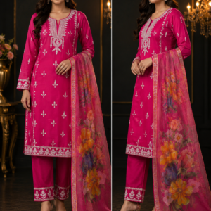 Rani Pink Embroidered Kurta Set with Floral Dupatta