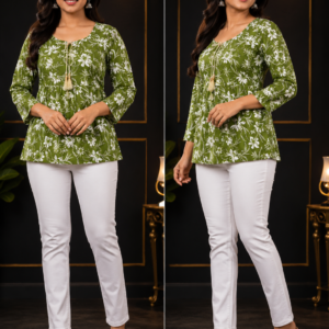 Green Floral Print Peplum Top with Tassel Tie