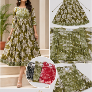 Olive Floral Anarkali Kurti with Sequin Yoke