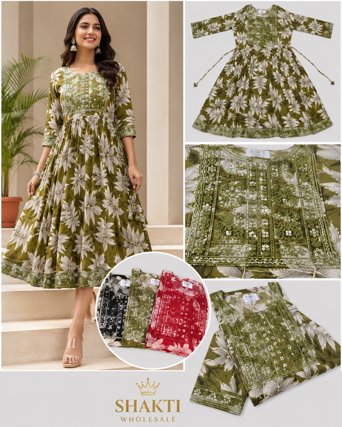 Olive Floral Anarkali Kurti with Sequin Yoke