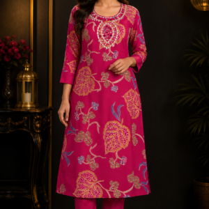 Rani Pink Mirror-Work Kurta & Trouser Set