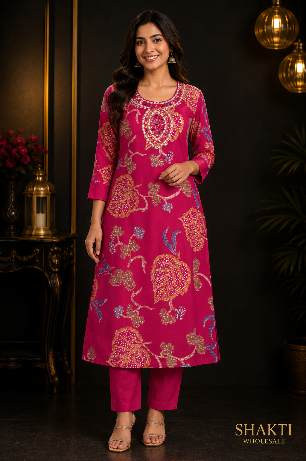 Rani Pink Mirror-Work Kurta & Trouser Set