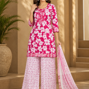 Pink Floral Kurti, Palazzo & Dupatta Set