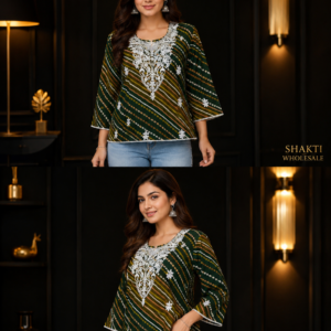 Green Lehariya Print Embroidered Top