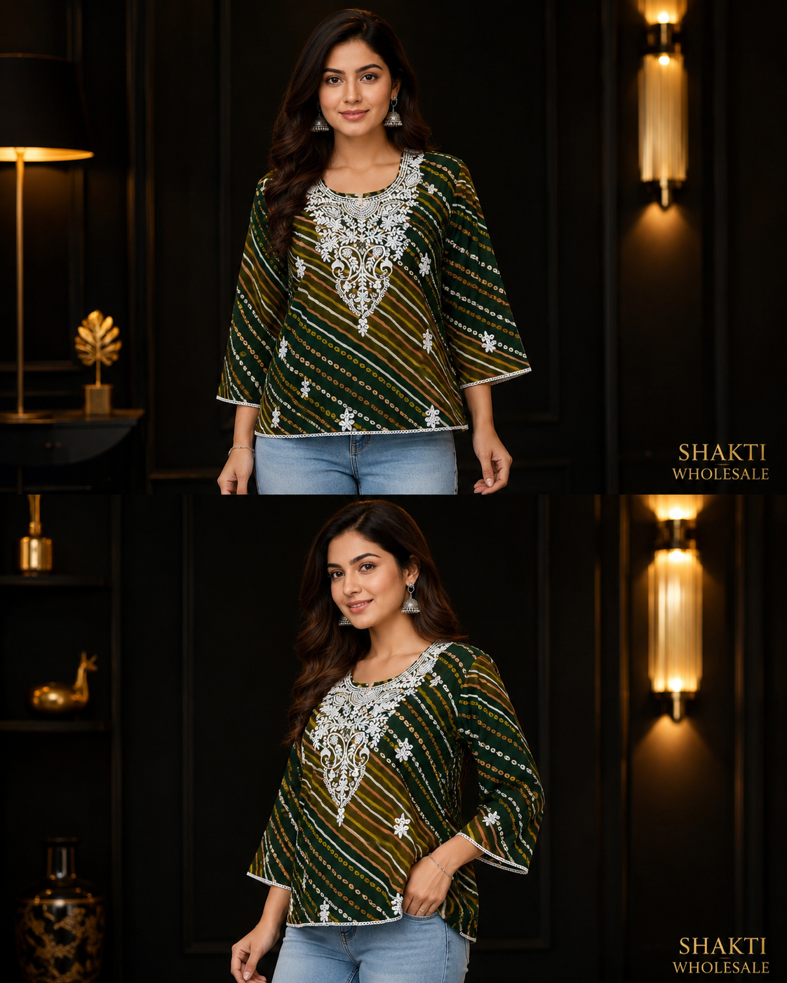 Green Lehariya Print Embroidered Top