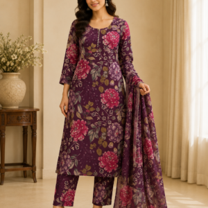 Purple Floral Kurta, Pant & Dupatta Set
