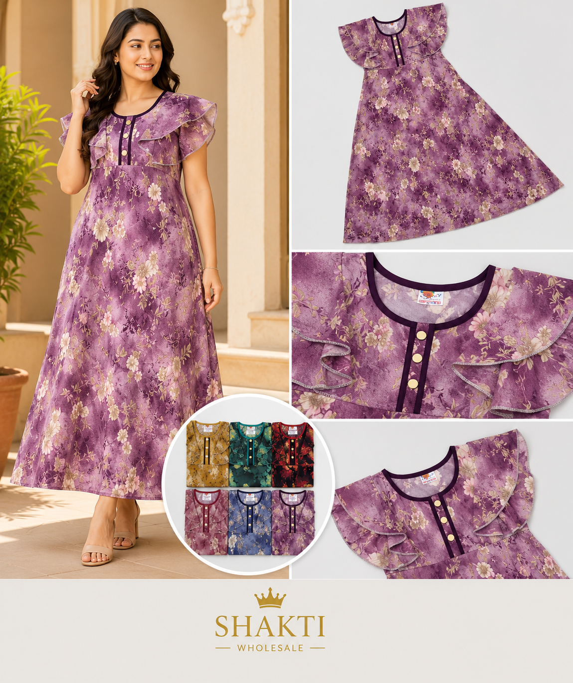 Floral Ruffle-Sleeve Maxi Nighty - 6 Colours