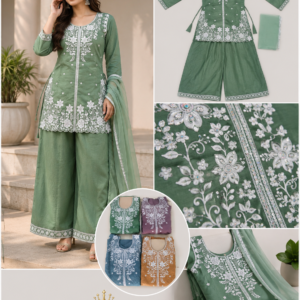 Green Embroidered Short Kurta, Palazzo & Dupatta Set