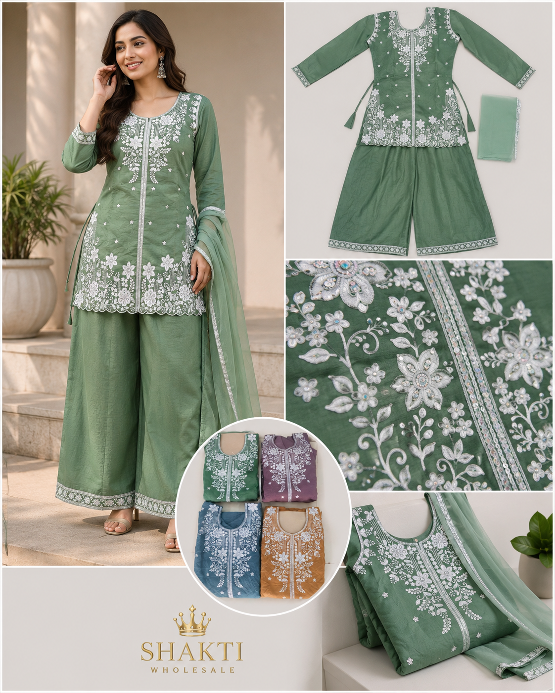 Green Embroidered Short Kurta, Palazzo & Dupatta Set
