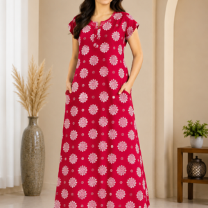 Red Mandala Print Maxi Nighty with Pockets