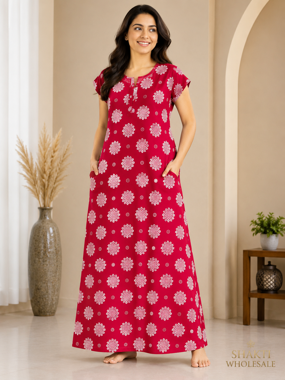 Red Mandala Print Maxi Nighty with Pockets