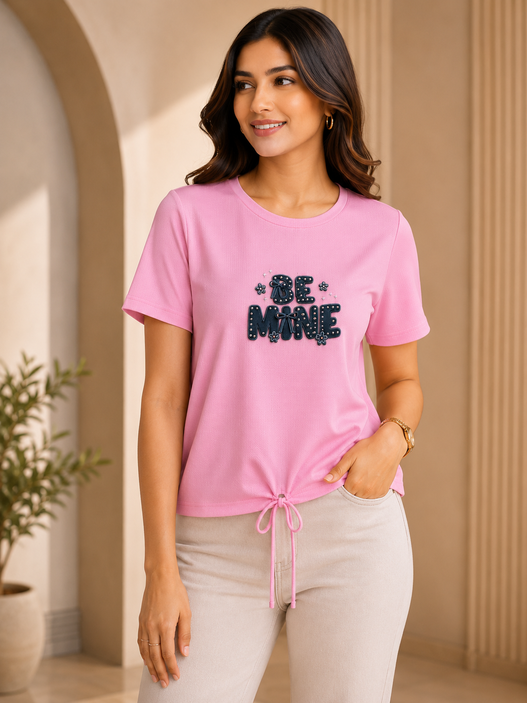 Pink 'Be Mine' Studded Tie-Hem Tee