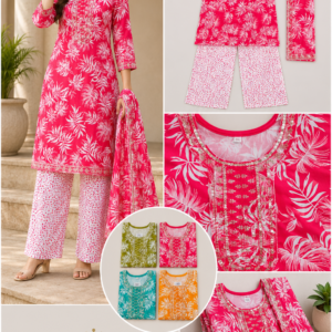 Rani Pink Leaf Print Kurta, Palazzo & Dupatta Set - 4 Colours
