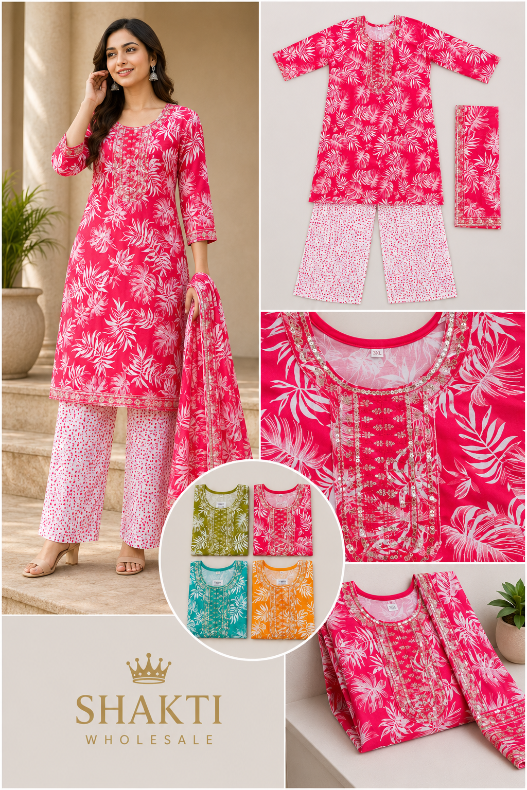 Rani Pink Leaf Print Kurta, Palazzo & Dupatta Set - 4 Colours