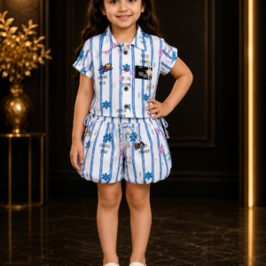 Girls Striped Floral Shirt & Bubble Shorts Set