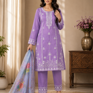 Lilac Embroidered Kurta, Pant & Floral Dupatta Set