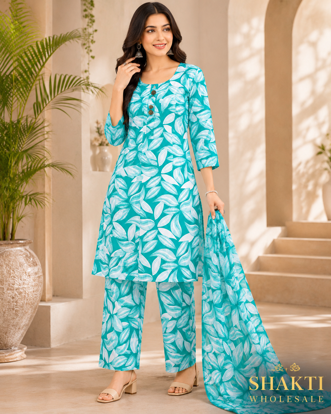 Turquoise Leaf Print Kurta, Palazzo & Dupatta Set