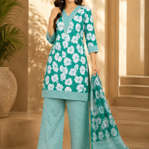 Green Floral Kurta, Chevron Palazzo & Dupatta Set