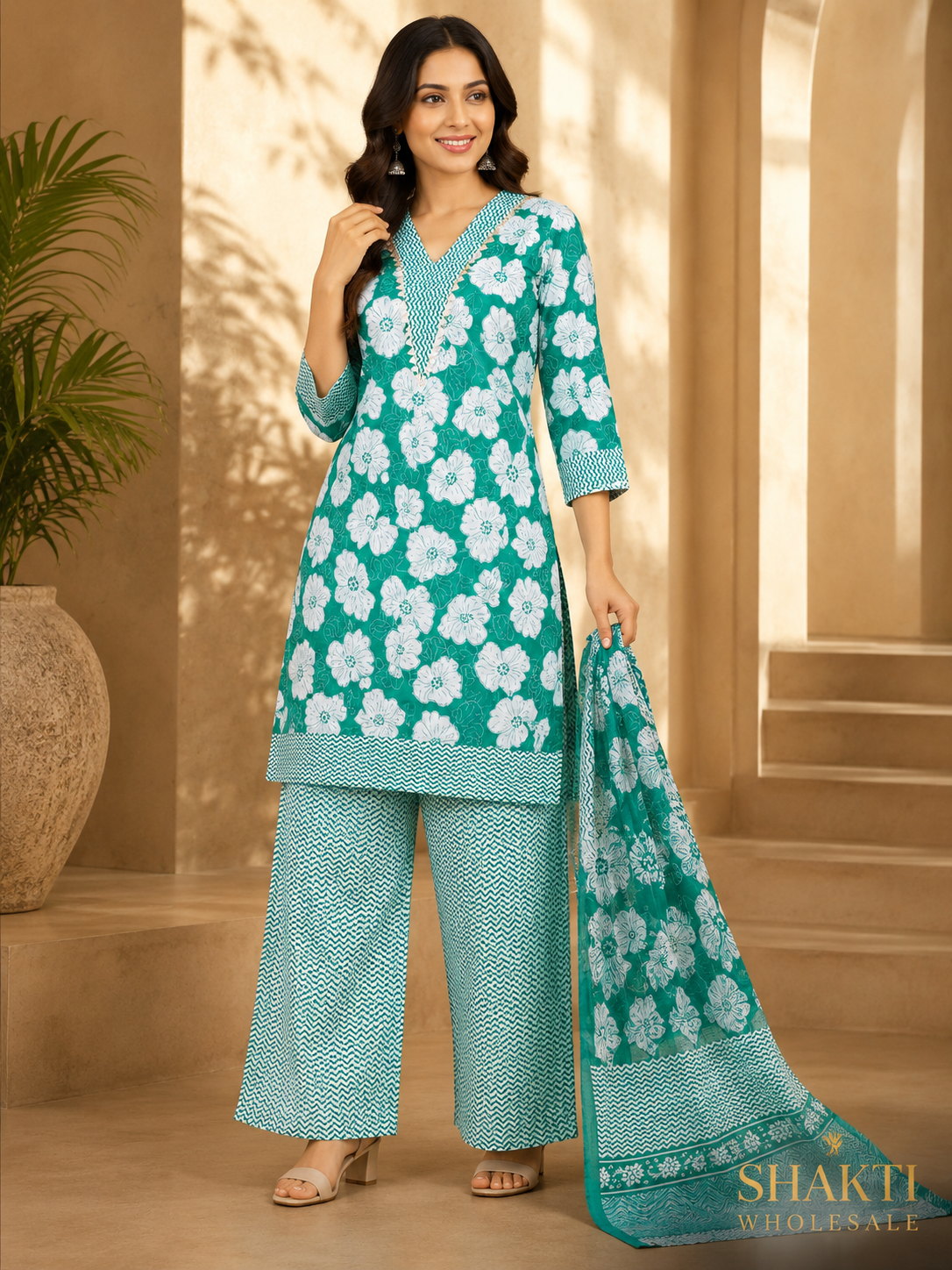 Green Floral Kurta, Chevron Palazzo & Dupatta Set
