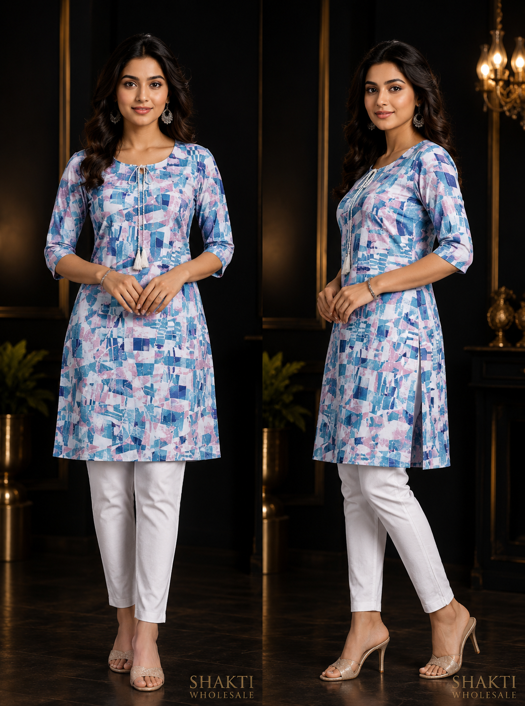 Blue Abstract Print Straight Kurti