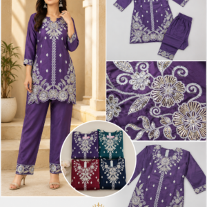 Purple Sequin Embroidered Short Kurta & Pant Set - 4 Colours
