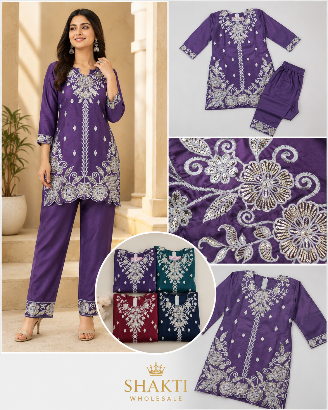 Purple Sequin Embroidered Short Kurta & Pant Set - 4 Colours