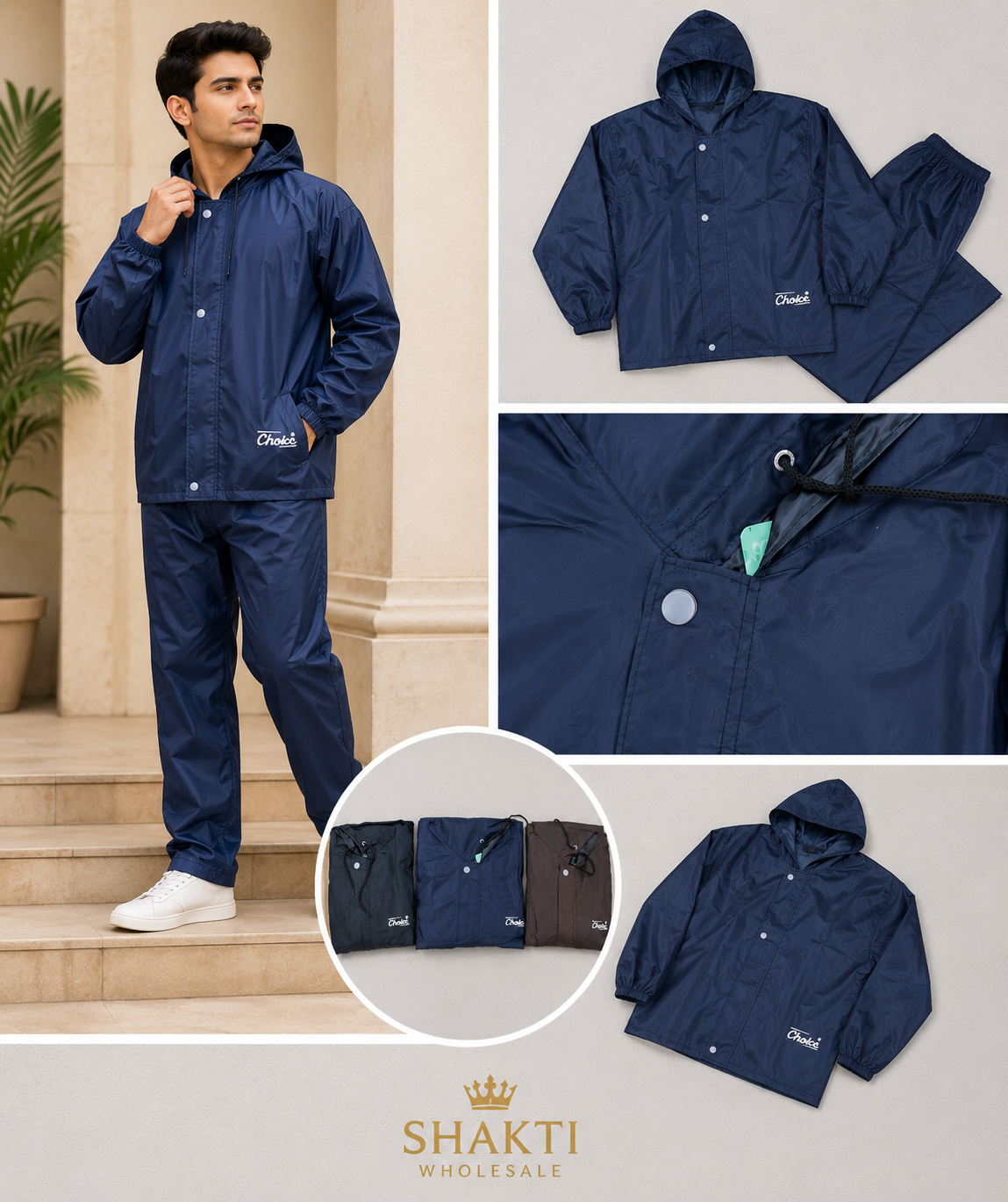 Mens Navy Hooded Rain Suit