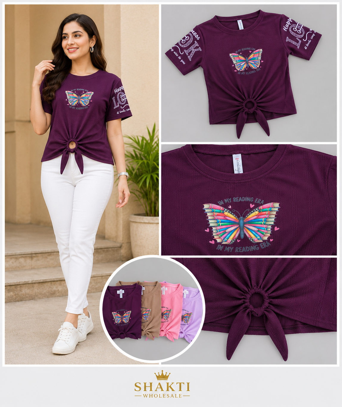 Butterfly Print Tie-Front Tee - 4 Colours