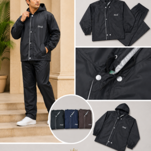 Mens Black Rain Suit with Piped Placket