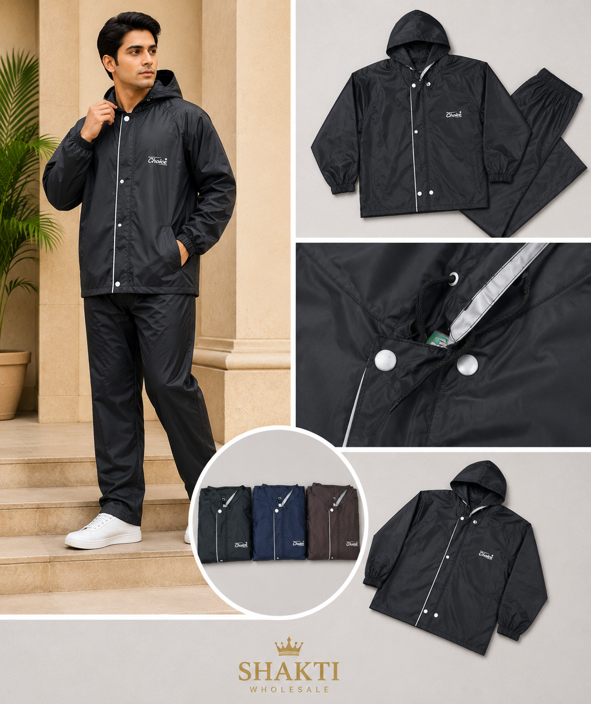 Mens Black Rain Suit with Piped Placket