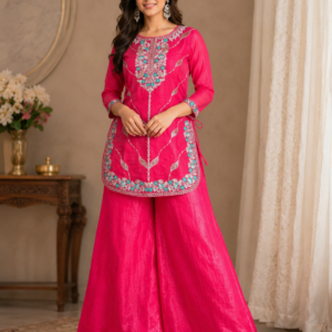 Rani Pink Embroidered Short Kurta & Sharara Set