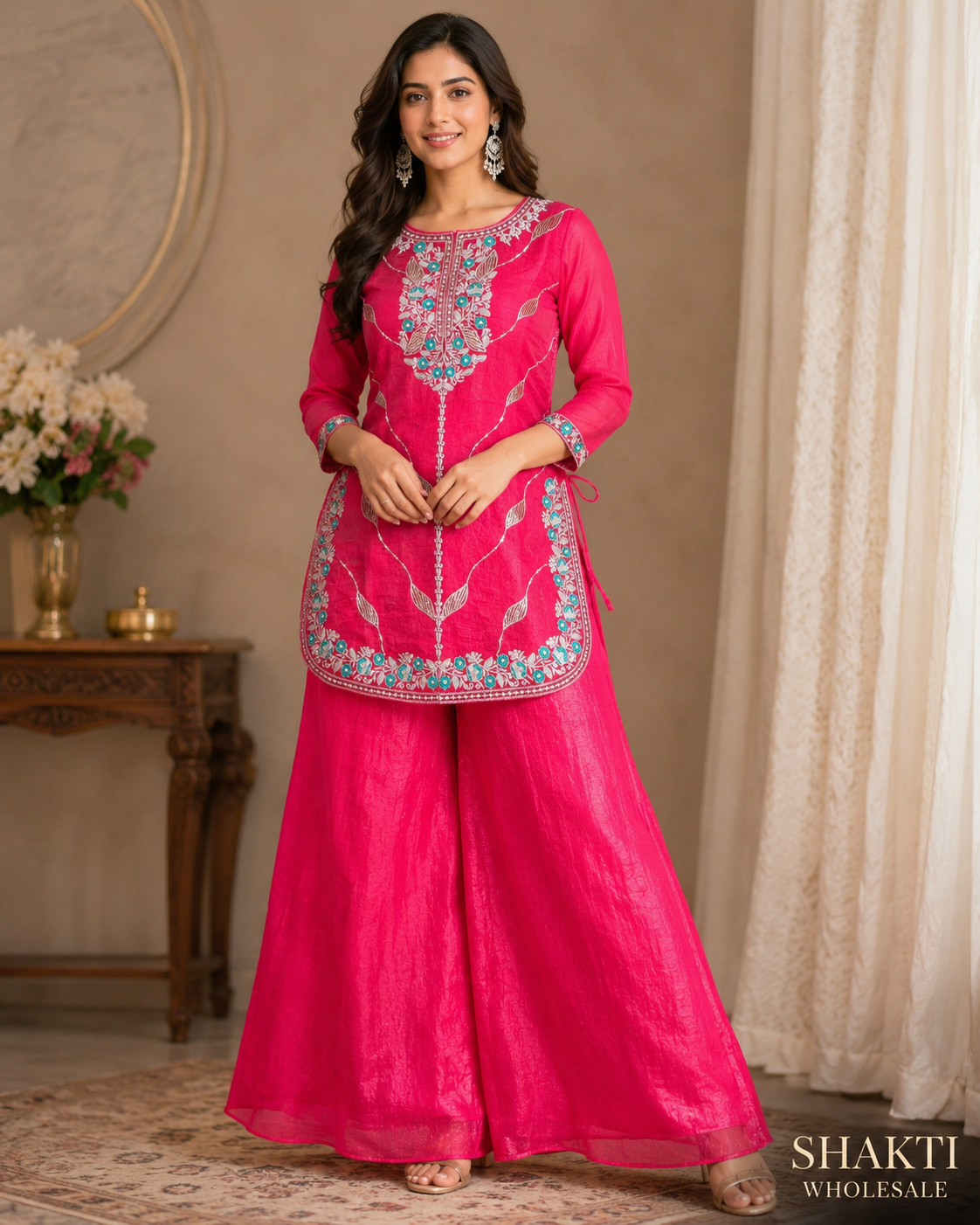 Rani Pink Embroidered Short Kurta & Sharara Set