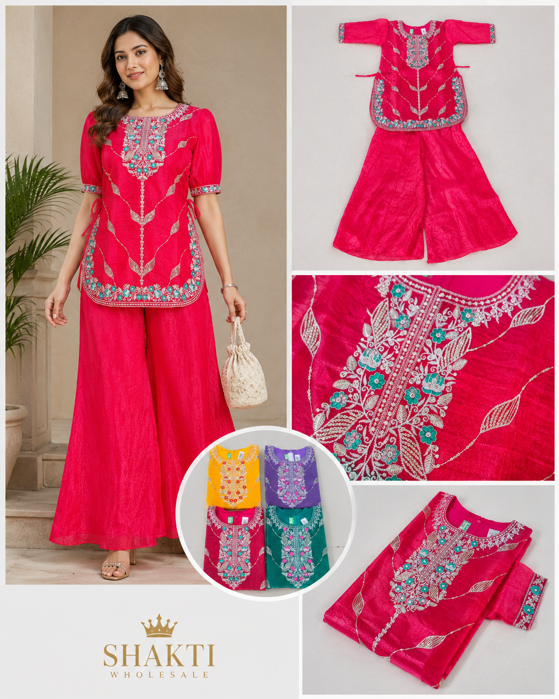 Embroidered Short Kurta & Palazzo Set - 4 Colours