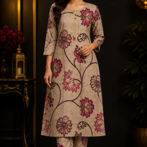 Beige Floral Print Kurta & Pant Set