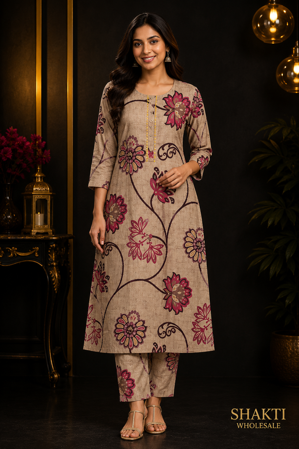 Beige Floral Print Kurta & Pant Set