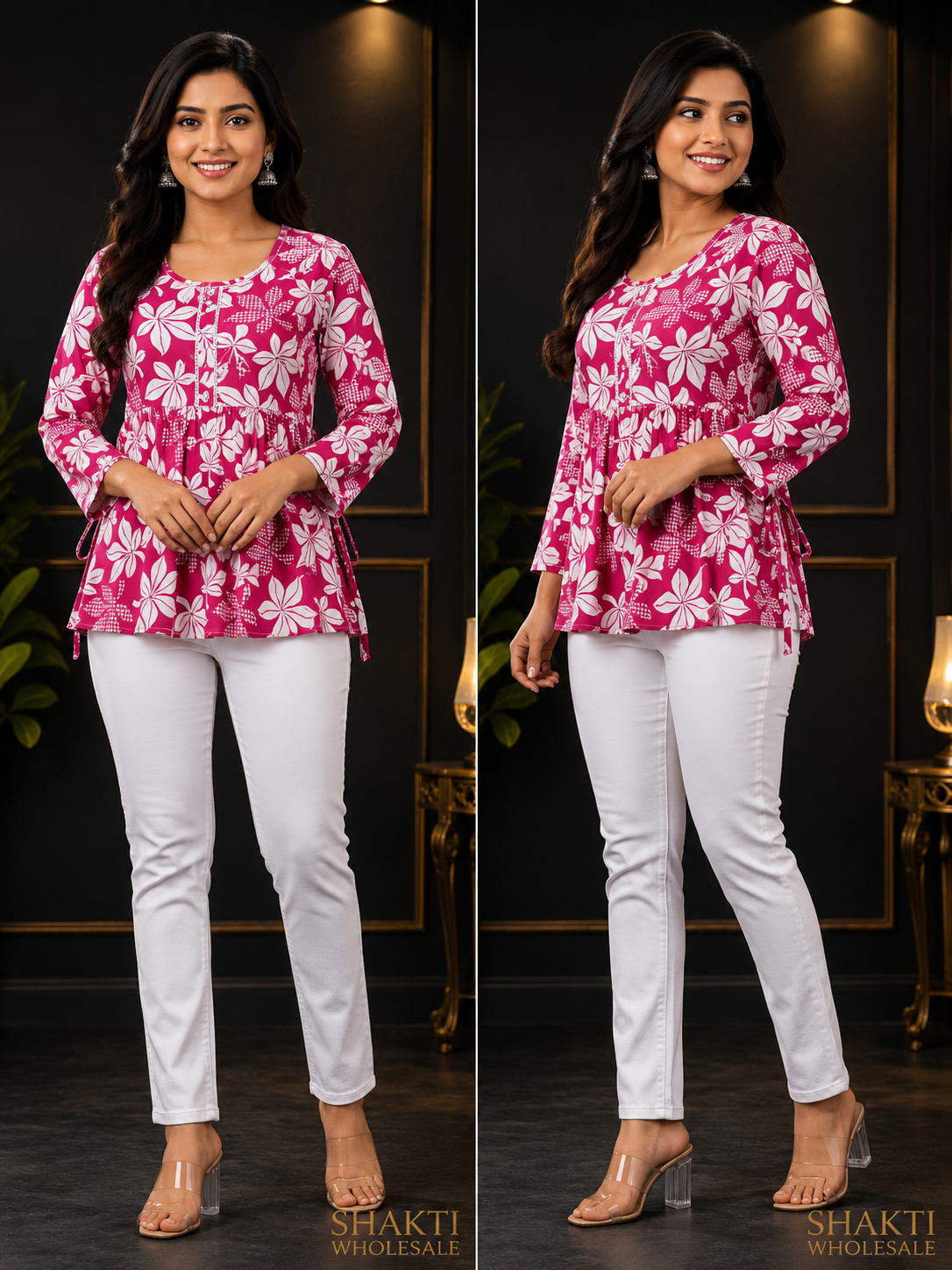 Pink Floral Print Peplum Top