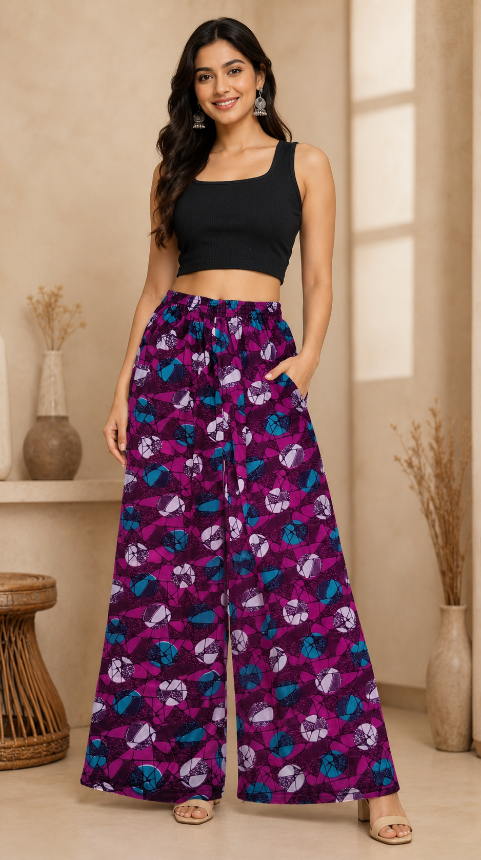 Purple Abstract Print Wide-Leg Palazzo
