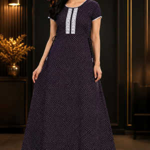 Purple Polka Dot Maxi Nighty with Lace Placket