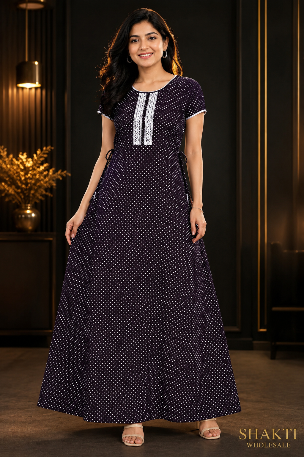 Purple Polka Dot Maxi Nighty with Lace Placket