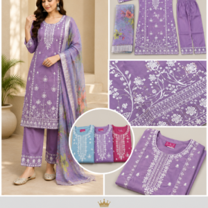 Lilac Embroidered Kurta, Pant & Floral Dupatta Set - 4 Colours