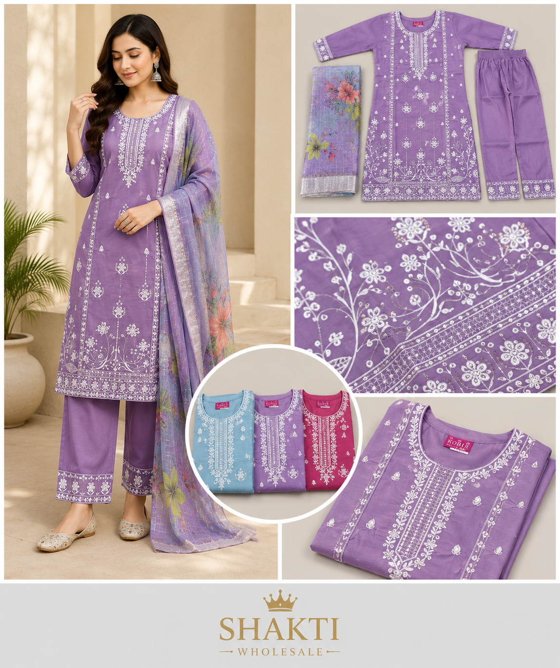 Lilac Embroidered Kurta, Pant & Floral Dupatta Set - 4 Colours