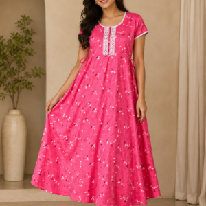 Rani Pink Floral Maxi Nighty with Lace Placket